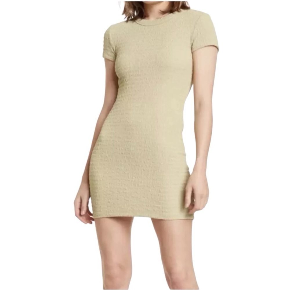 ELODIE Textured sage Green Mini Dress Stretchy Bodycon Short Sleeve Size L Party